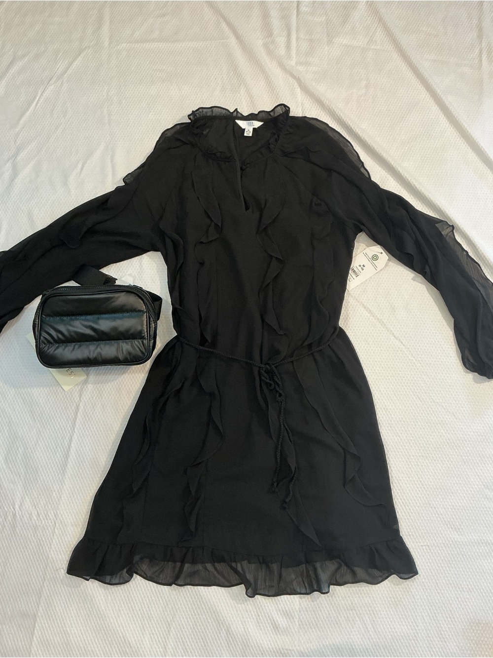 Black Ruffle-Trim Long Sleeve Tie-Waist Mini Dress, Includes the belt bag.